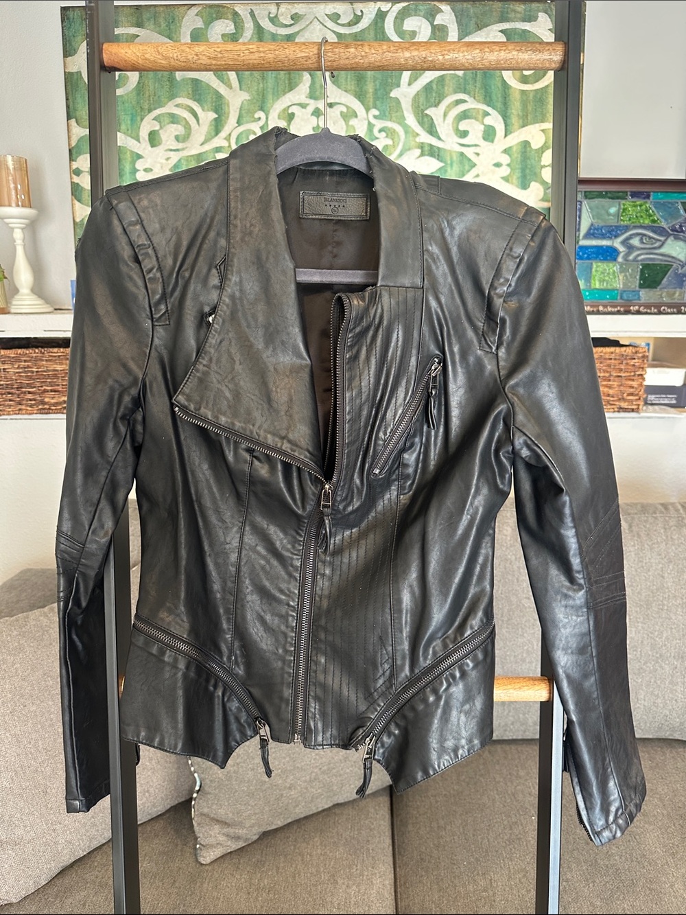 Blank NYC Black Leather Asymmetric Zip Moto Jacket
